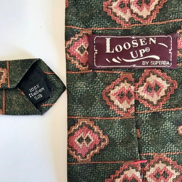 Loosen Up Superba Tie Green Burgundy Italian Silk - Picture 3 of 3